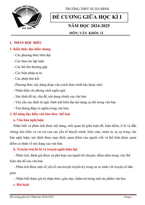 Đề cương ôn tập Giữa kì 1 Ngữ văn 12 năm 2024–2025 trường THPT Xuân Đỉnh (Hà Nội)